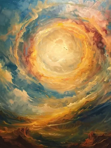 An Expressive, Swirling Abstract Painting In Rich Blues, Oranges, And Yellows.