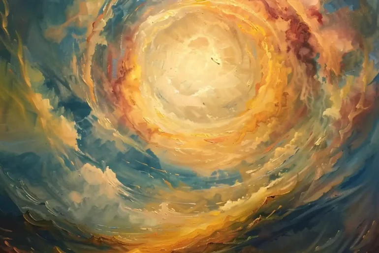 An Expressive, Swirling Abstract Painting In Rich Blues, Oranges, And Yellows.