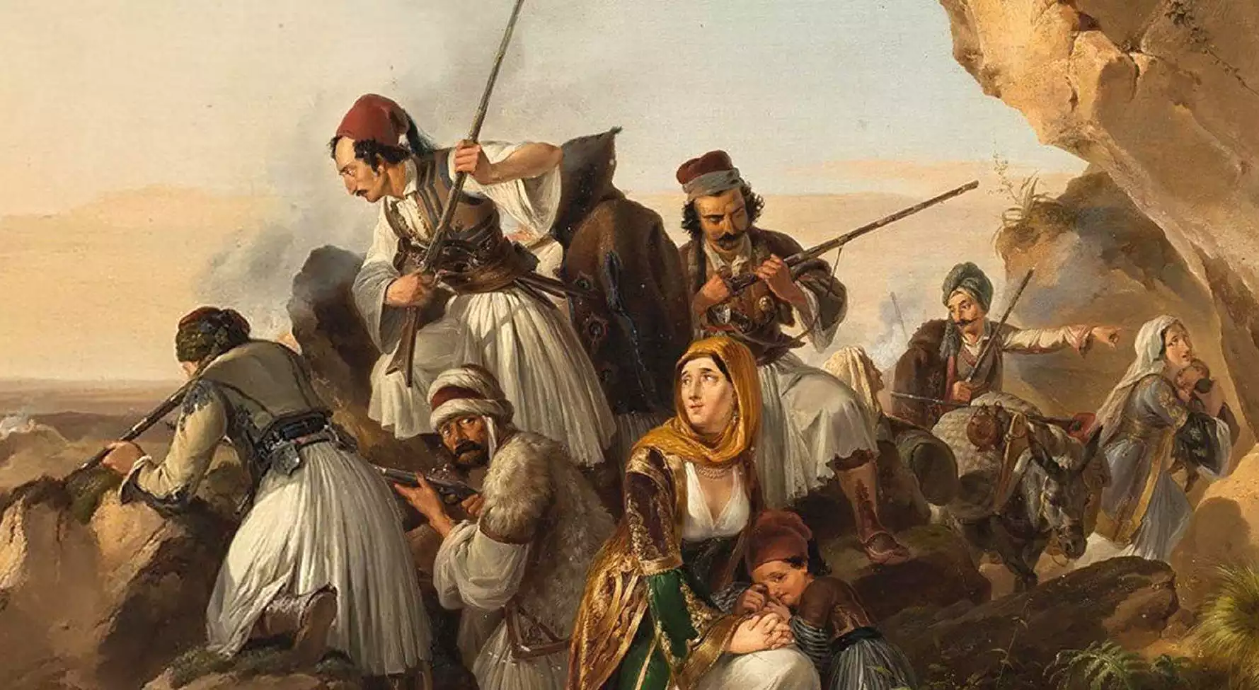 Σουλιώτες πολεμιστές με παραδοσιακές φορεσιές, οπλισμένοι με όπλα της εποχής, στέκονται περήφανα σε μια ορεινή κορυφή.