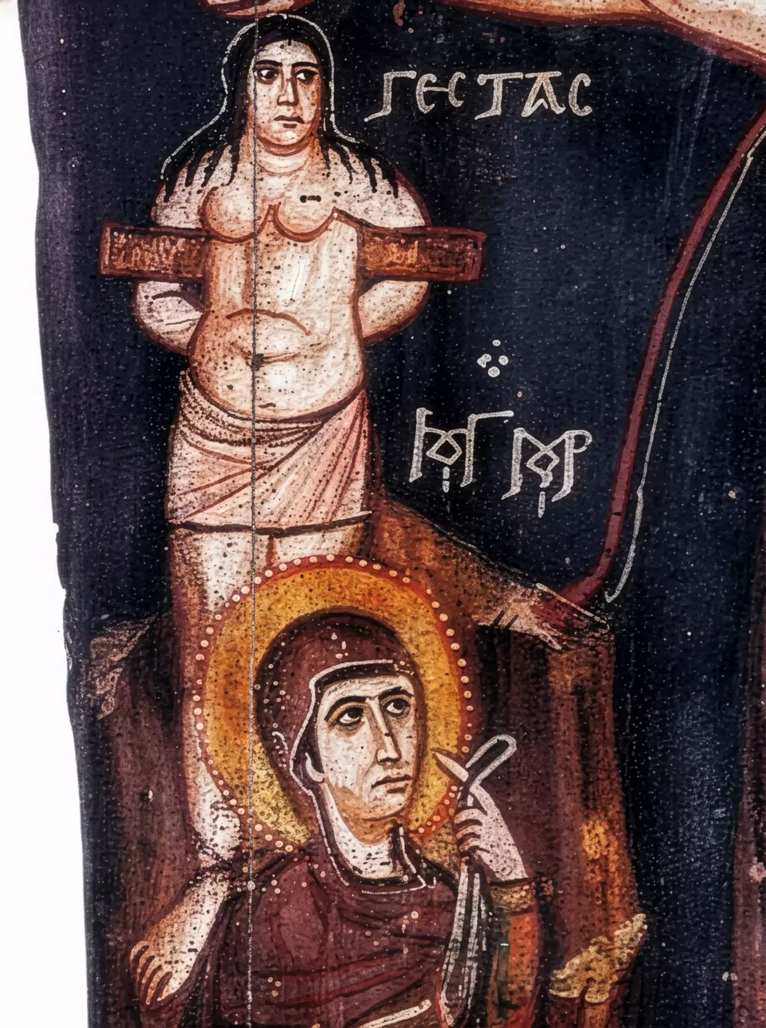 Η Βυζαντινή Εικόνα Της Σταύρωσης Από Τη Μονή Σινά 9 Λεπτομέρεια Βυζαντινής Εικόνας Σταύρωσης Με Τον Γέστα Και Τη Θρηνούσα Παναγία