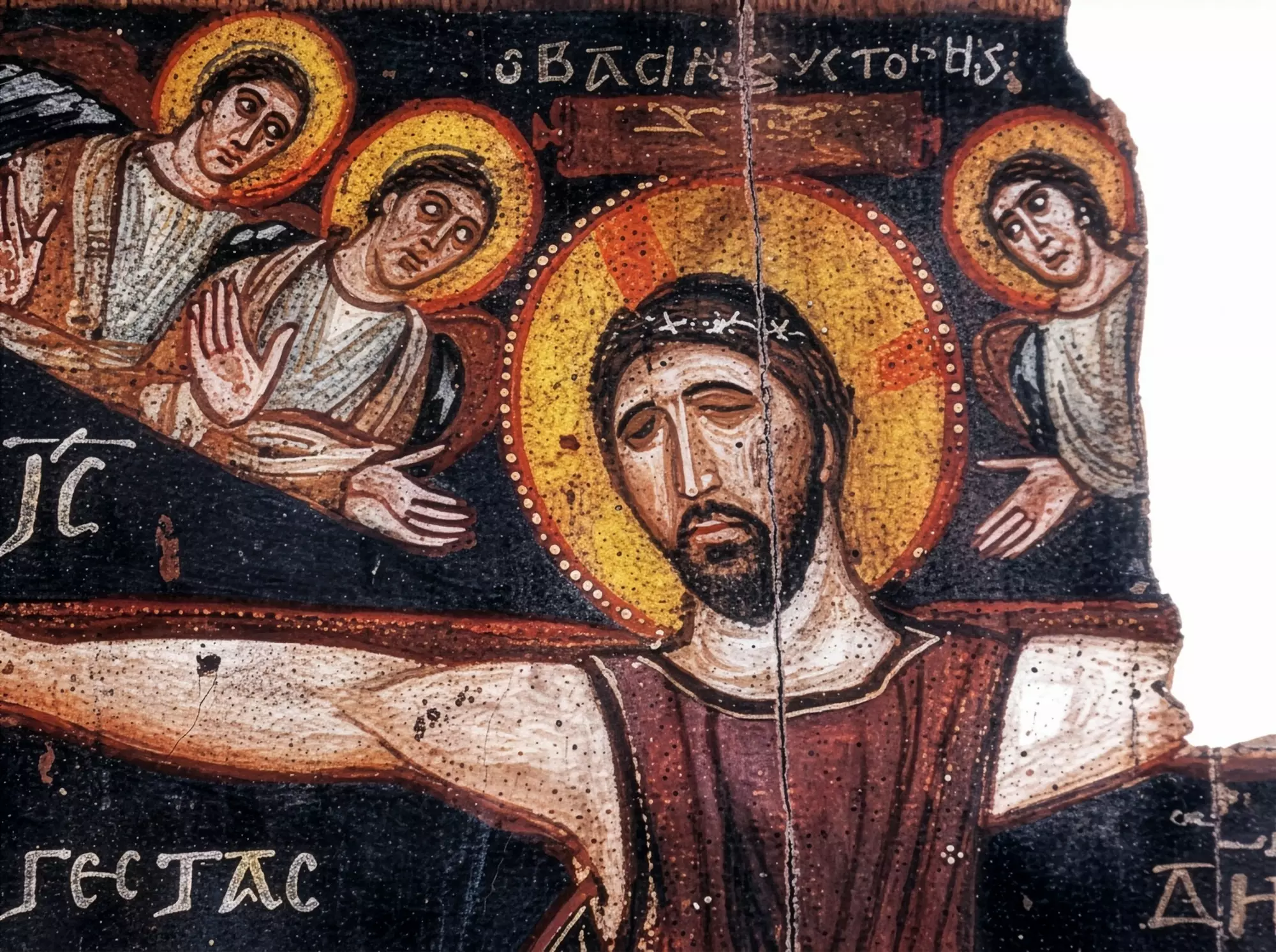 Η Βυζαντινή Εικόνα Της Σταύρωσης Από Τη Μονή Σινά 8 Λεπτομέρεια Βυζαντινής Εικόνας Σταύρωσης Με Το Πρόσωπο Του Χριστού Και Τους Αγγέλους