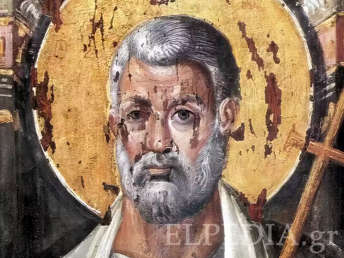 Λεπτομέρεια Προσώπου Από Την Εικόνα Αγίου Πέτρου Σινά, Φθαρμένο Φωτοστέφανο