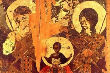 Icône Biface De La Synaxe Des Archanges (Fin Du Xiiie Siècle) 19 Ícone Bilateral Mostrando Figura Central Em Vestes Reais Entre Arcanjos Em Fundo Dourado