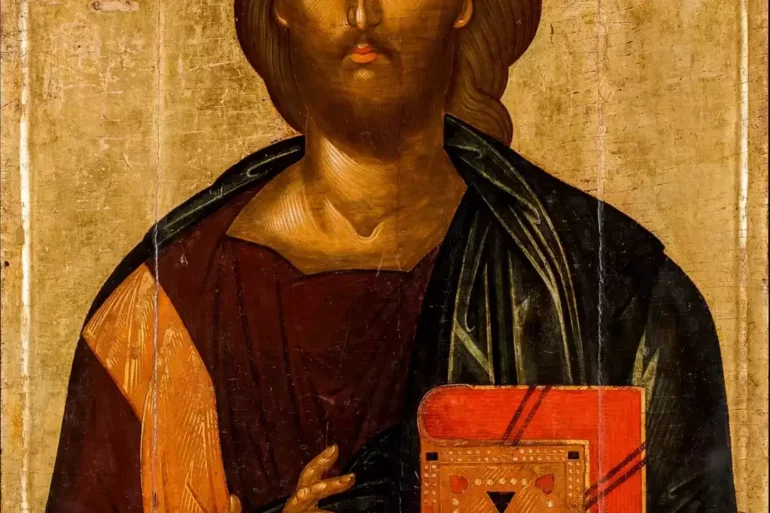 Πλήρης Εικόνα Του Παντοκράτορα Ακοτάντου Με Χρυσό Φόντο, Ερυθρό Χιτώνα Και Κλειστό Ευαγγέλιο