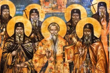 The Portable Icon Of The Saints Of The Philotheou Monastery (1845) Is A Valuable Monument Of The Athonite Iconographic Tradition.