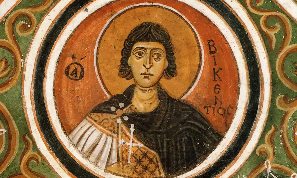 Τοιχογραφία Αγίου Βικεντίου Σε Κυκλικό Στηθάριο Με Πορτοκαλί Φωτοστέφανο, Οσίου Λουκά