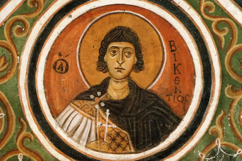 Τοιχογραφία Αγίου Βικεντίου Σε Κυκλικό Στηθάριο Με Πορτοκαλί Φωτοστέφανο, Οσίου Λουκά