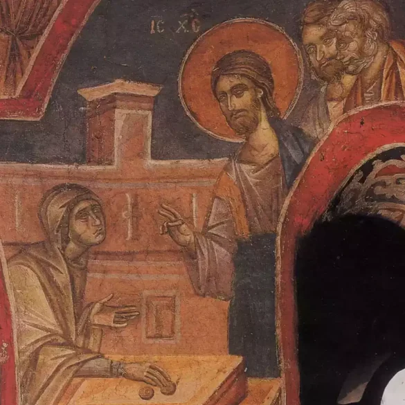 Ο Χριστός Επαινεί Τα Λεπτά Της Χήρας Σε Βυζαντινή Τοιχογραφία Της Χελανδαρίου