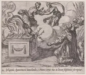 安东尼奥·坦佩斯塔的蚀刻画，描绘了在伊菲革涅亚献祭时的神圣干预。