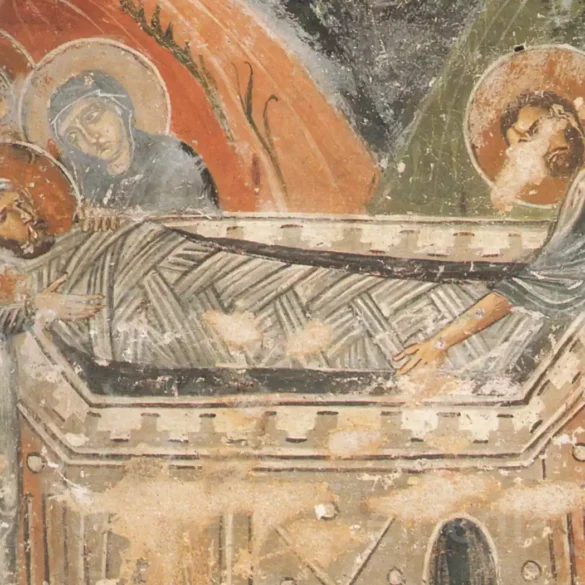 Primer Plano Del Cuerpo De Cristo Durante La Escena Del Entierro En El Fresco Bizantino Del Siglo Xi De Osios Lukás.