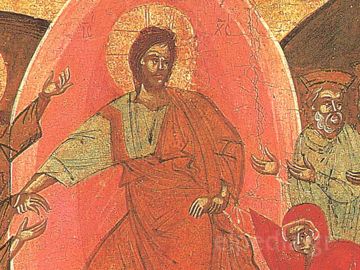 Le Christ Dans Une Mandorle Lumineuse Sur L'Icône Du Xviiie Siècle De La Descente Aux Enfers (Anastasis).