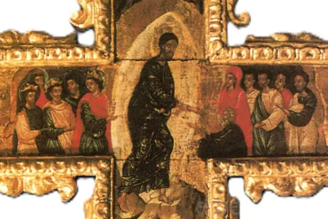 Fe Tallada En Madera: Una Cruz Pintada Véneto-Cretense Del Siglo Xvii 16 Figuras De Santos, Probablemente Evangelistas, Representadas En Los Brazos Horizontales De La Cruz Véneto-Cretense.