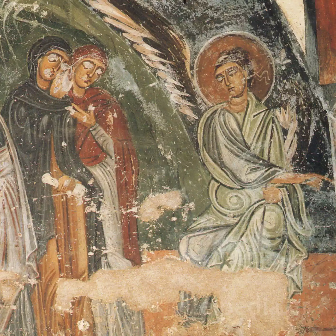 Ο Ενταφιασμός Χριστού Στην Κρύπτη Του Οσίου Λουκά 9 Λεπτομέρεια Βυζαντινής Τοιχογραφίας: Ο Άγγελος Αναγγέλλει Την Ανάσταση Στις Μυροφόρες Γυναίκες