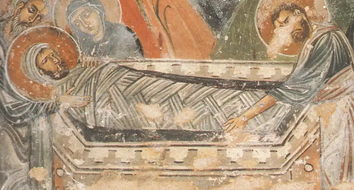 Λεπτομέρεια Της Ταφής Του Χριστού Με Τον Ιωσήφ, Τον Νικόδημο Και Την Παναγία Σε Βυζαντινή Τοιχογραφία