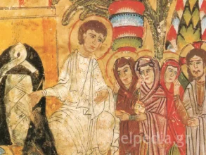 Συριακό Ευαγγελιάριο: Οι Μυροφόρες Στον Τάφο Και Η Εμφάνιση Του Χριστού 20 Οι Μυροφόρες Με Αρώματα Στον Τάφο, Συριακό Ευαγγελιάριο, Λεπτομέρεια Αριστερής Πλευράς.