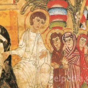 Οι Μυροφόρες Με Αρώματα Στον Τάφο, Συριακό Ευαγγελιάριο, Λεπτομέρεια Αριστερής Πλευράς.