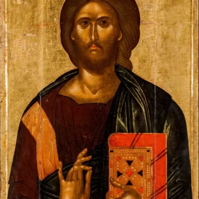 Il Pantocratore Di Akotantos In Composizione Completa, Con Il Fondo Aureo, I Monogrammi Ic Xc E Il Caratteristico Gesto Di Benedizione Che Definisce Il Tipo Iconografico.