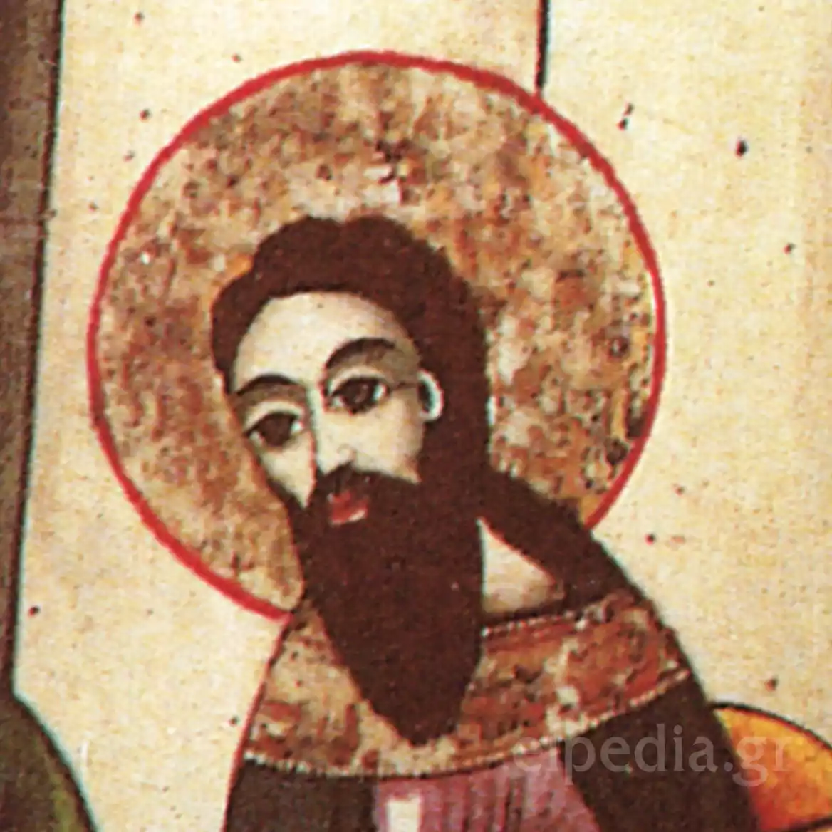 ブルガリアの教会イコンからの赤いオモフォリオンを着たヒエラルヒックタイプのひげのある聖人