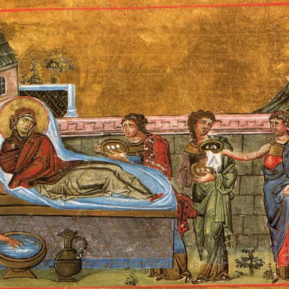 مينيAtures بيزنطية لميلاد العذراء من تقويم الملك باسيل الثاني