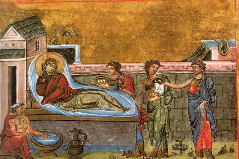 Byzantine Miniature Of The Nativity Of The Virgin From The Menologion Of Basil Ii