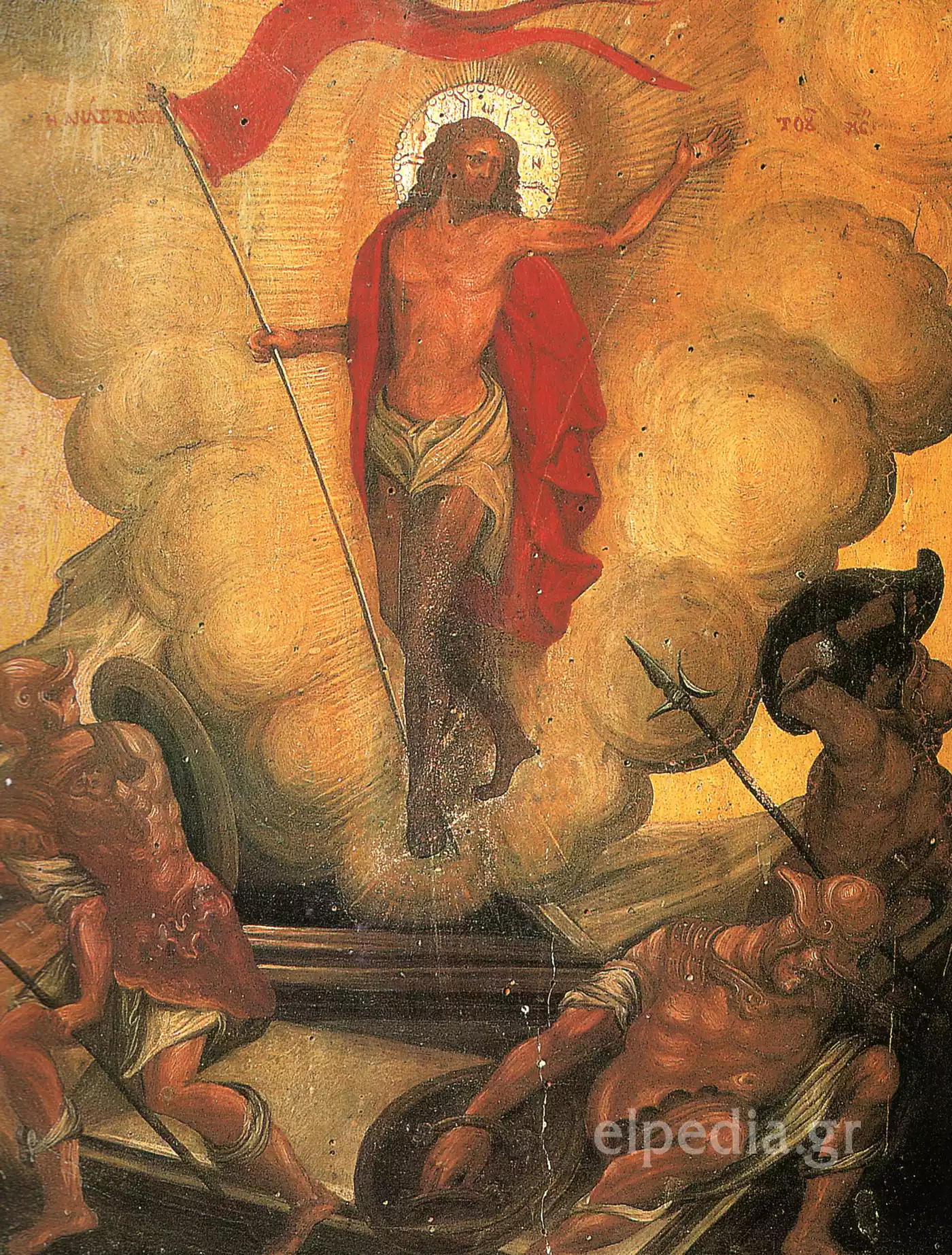 صورة بيزنطية للقيامة من القرن الثامن عشر مع خلفية ذهبية ورموز لاهوتية من كنيسة يونانية