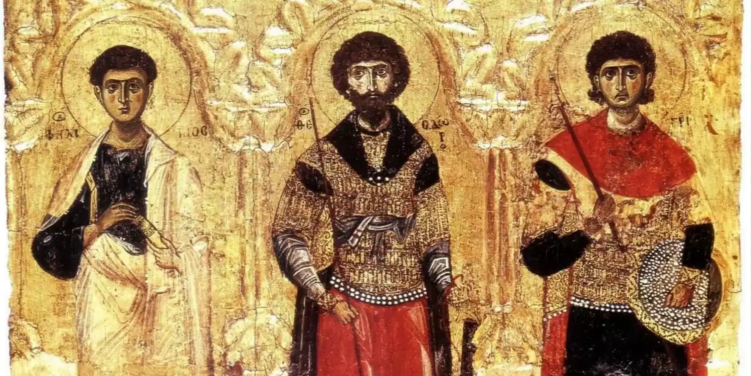 Medieval Byzantine Sanctuary Screen Showcasing Three Saints Within Architectural Framework Of Arches