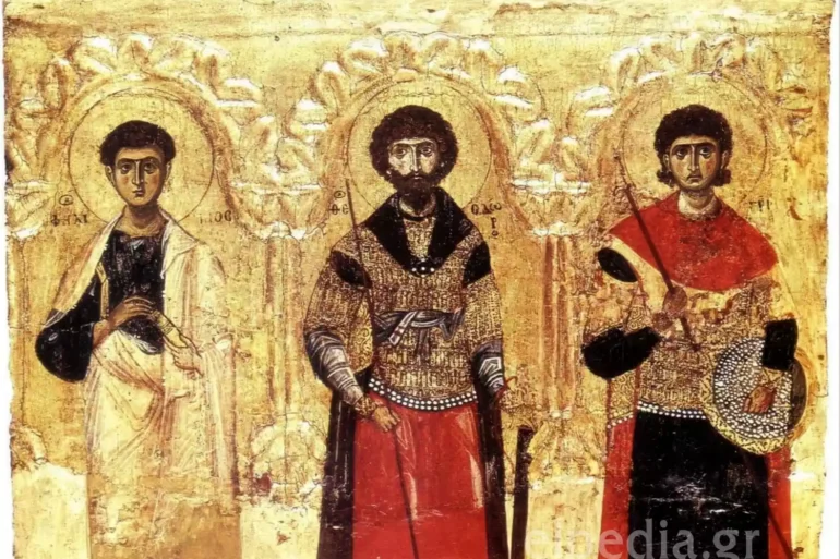 Medieval Byzantine Sanctuary Screen Showcasing Three Saints Within Architectural Framework Of Arches