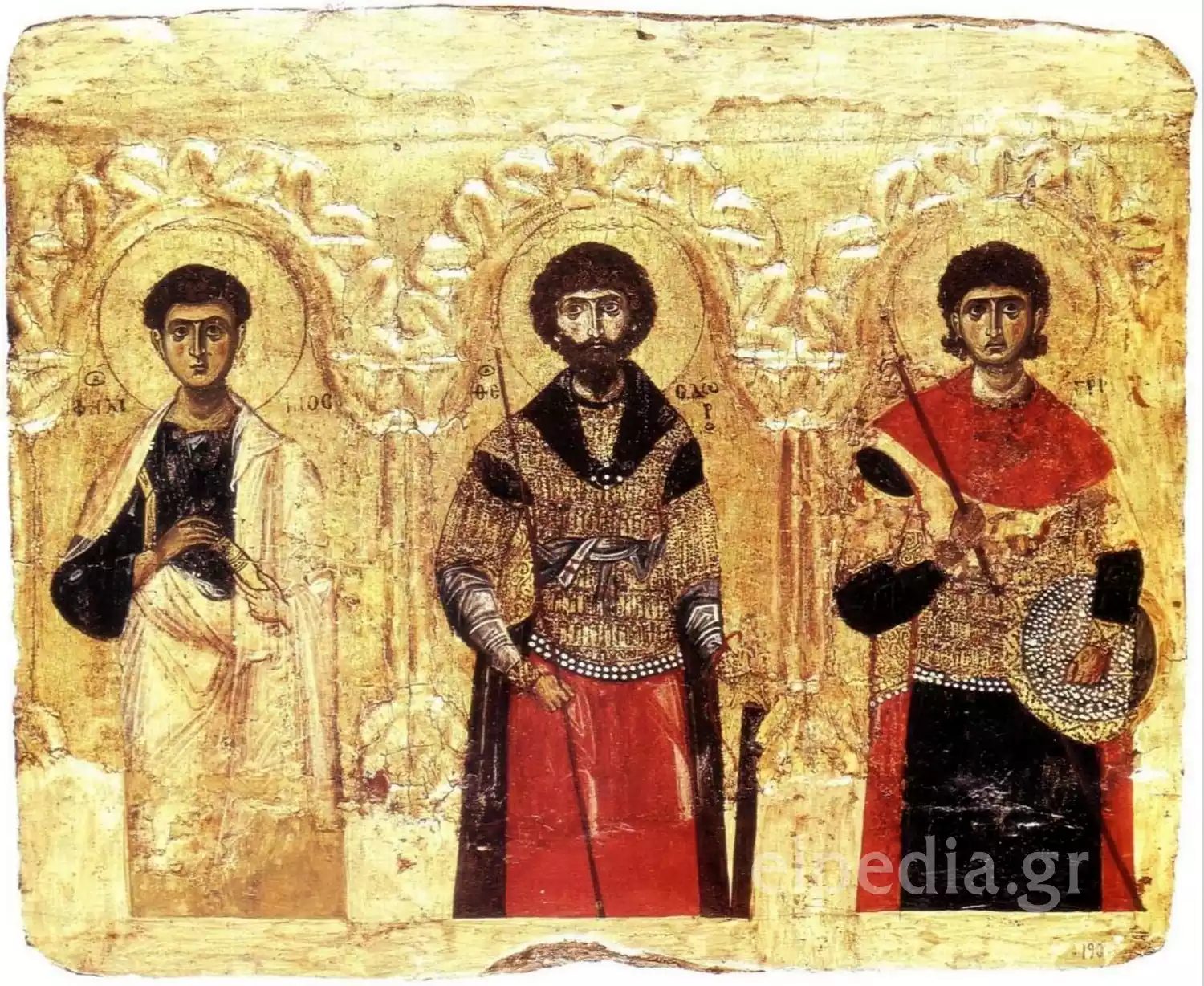 Medieval Byzantine Sanctuary Screen Showcasing Three Saints Within Architectural Framework Of Arches