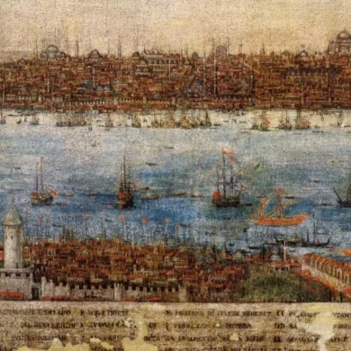 Une Peinture Du 16Ème Siècle Représentant La Ville De Constantinople Et Sa Voie Navigable.