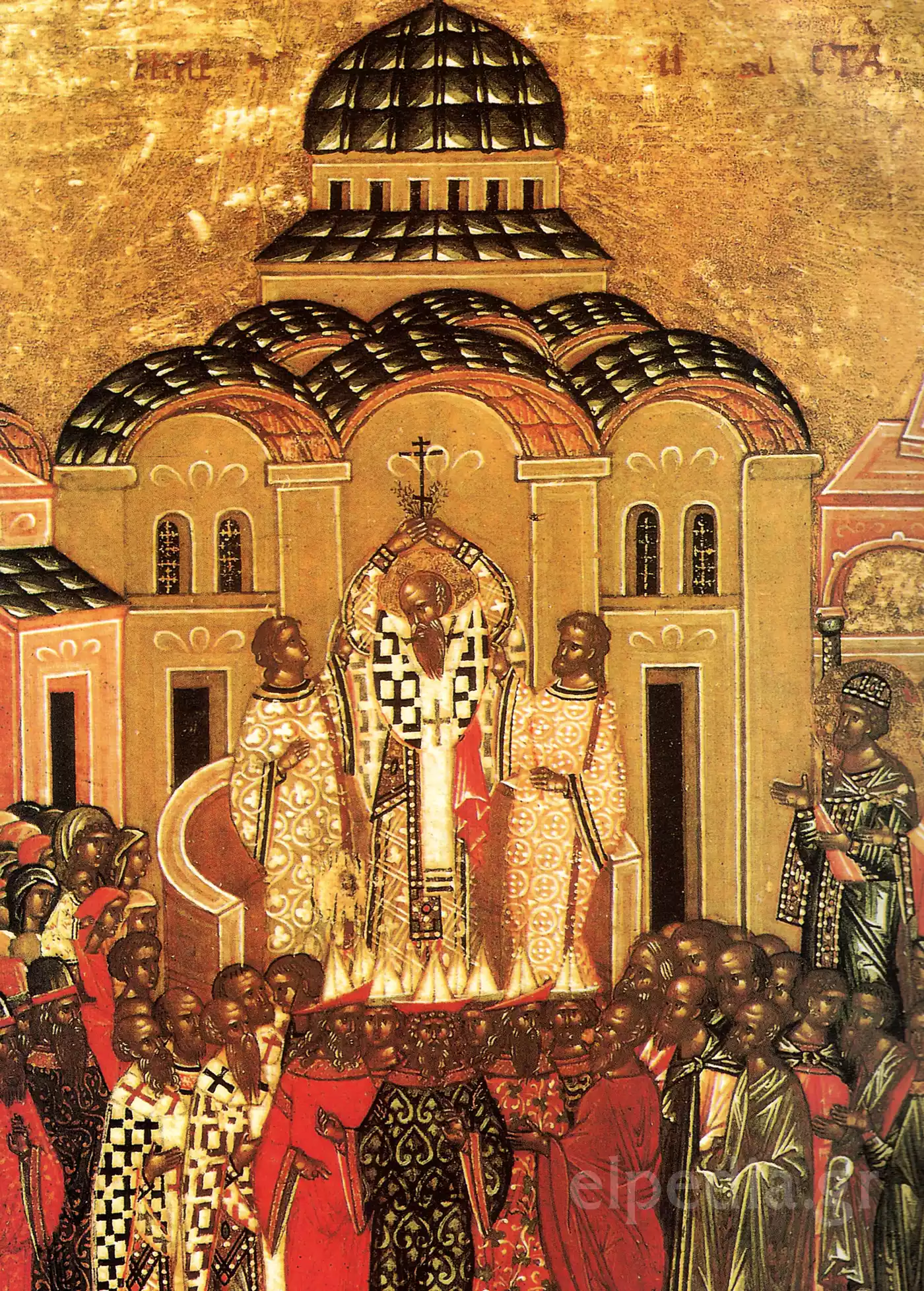 पवित्र क्रॉस की ऊँचाई, नोवगोरोड स्कूल, 15वीं सदी, सुनहरा पृष्ठभूमि और गुंबद