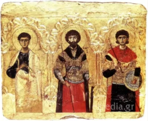 Iconostasi Medievale Bizantina Presentante Tre Santi Entro Cornice Architettonica Ad Archi