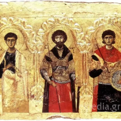 Iconostasi Medievale Bizantina Presentante Tre Santi Entro Cornice Architettonica Ad Archi