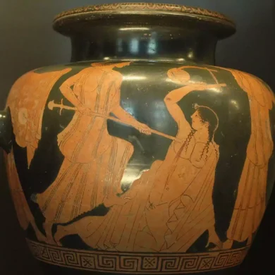 Un Vaso Greco Antico A Figure Rosse Che Raffigura Orfeo Attaccato Da Due Donne Con Un Bastone E Una Lira.