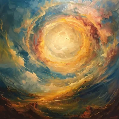 Une Peinture Abstraite Expressive Et Tourbillonnante Dans De Riches Tons De Bleu, Orange Et Jaune.