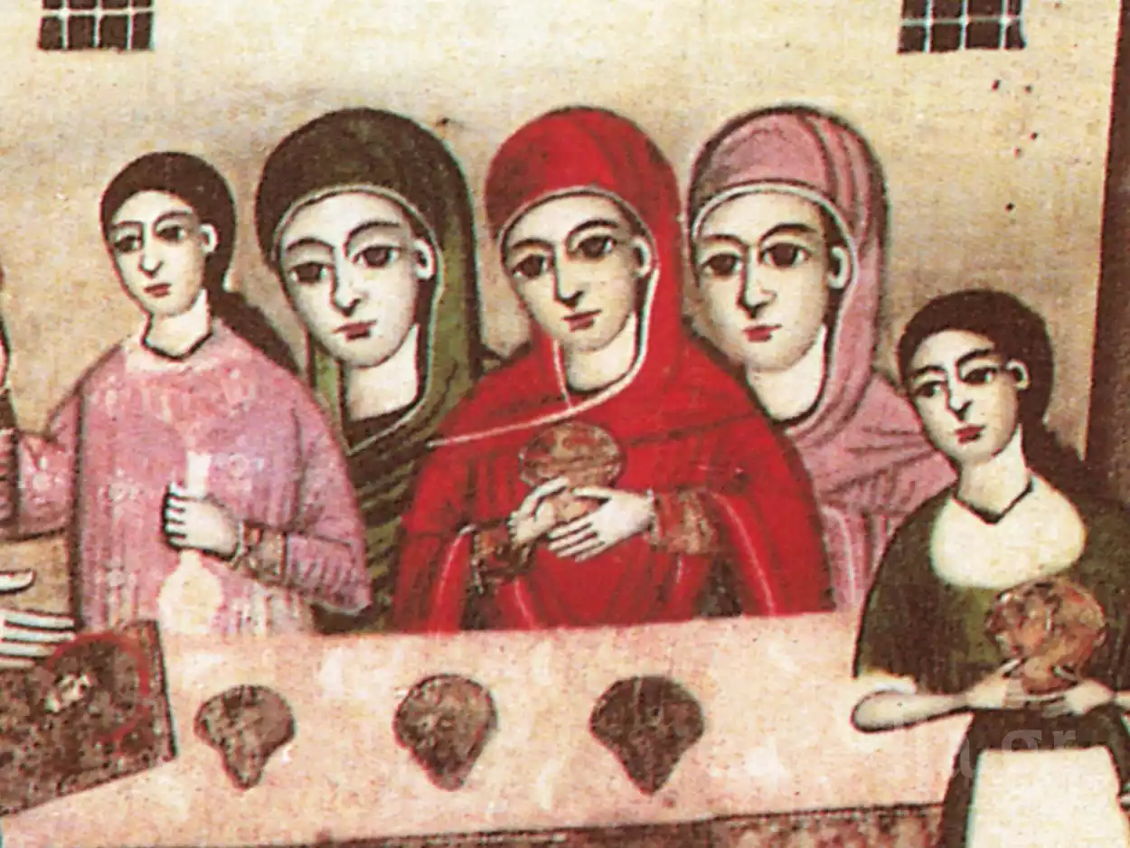 ブルガリアのトリャヴナ派による聖母マリアの誕生のイコンに描かれた5人の女性