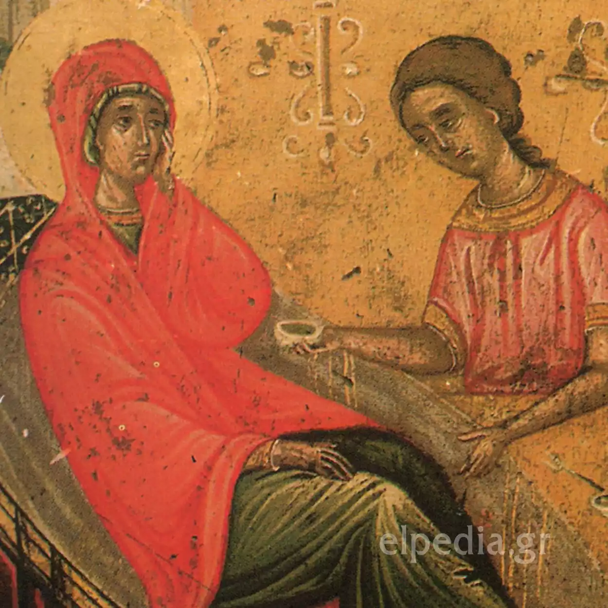 Saint Anne In Red Garments In The Scene Of The Birth Of The Virgin In Byzantine Style From The 16Th Century