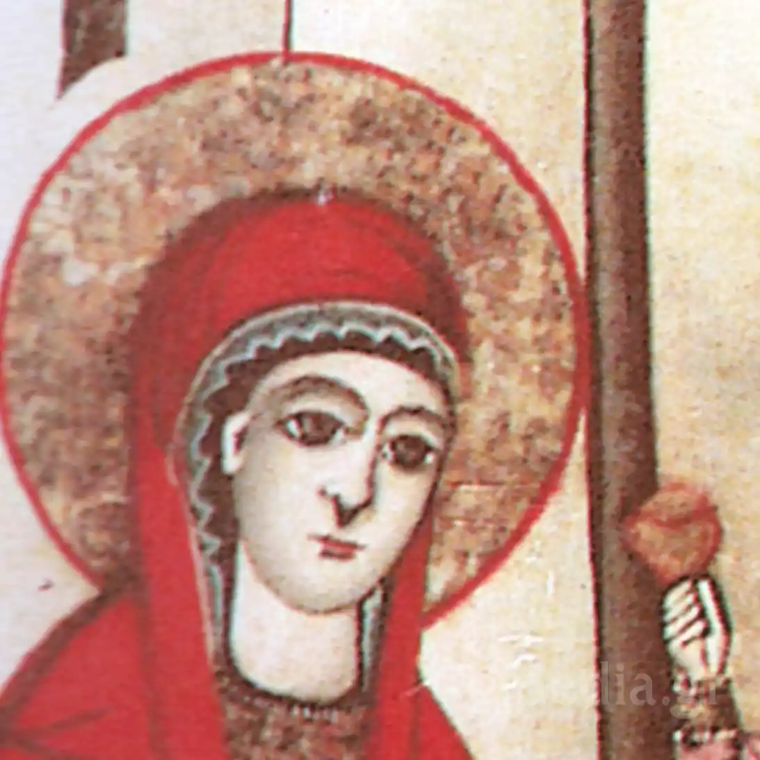 トリャヴナのビザンチンイコン伝統における赤いマフォリオンを着た聖アンナの詳細