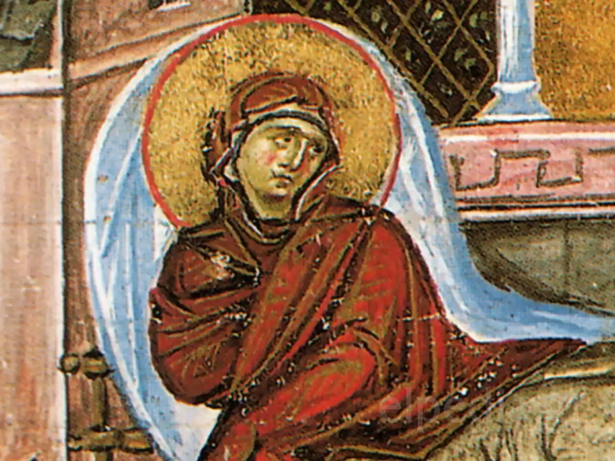 붉은 의상을 입은 성녀 안나가 성모 마리아의 탄생 장면에서 금색 광채를 발산하는 모습