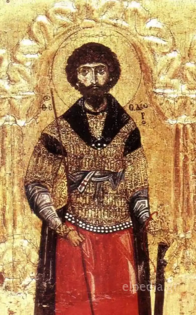 Santo Militar Armado Exhibiendo Regalia Militar Bizantina Ornamentada Y Devoción Religiosa