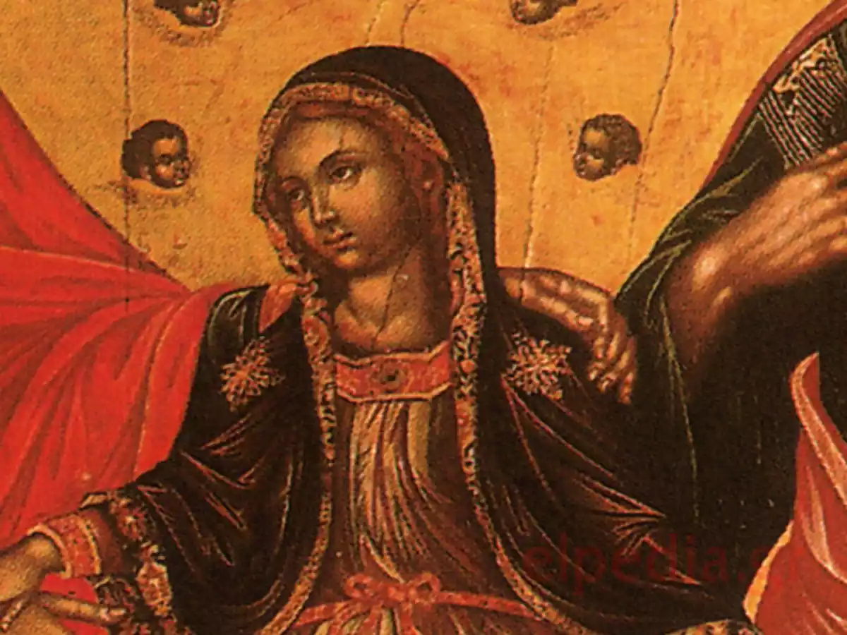 Детайл На Богородица Като Млада Девойка В Творбата На Тзане С Червено Облекло
