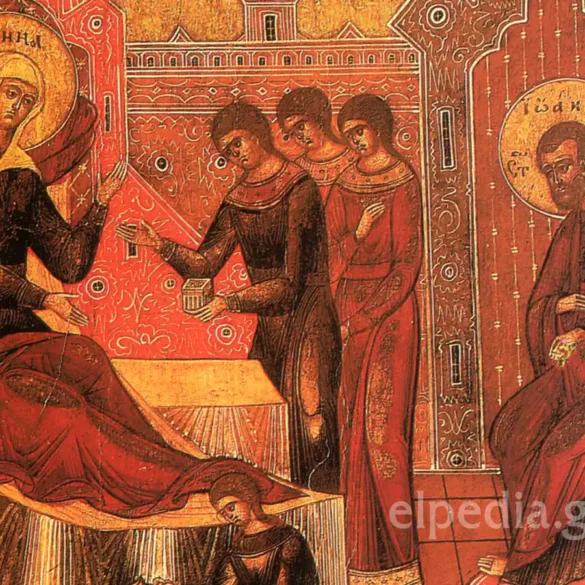 Icoană Rusească Bizantină A Nașterii Fecioarei Maria Din Secolul Al Xix-Lea, Cu Nuanțe Roșii