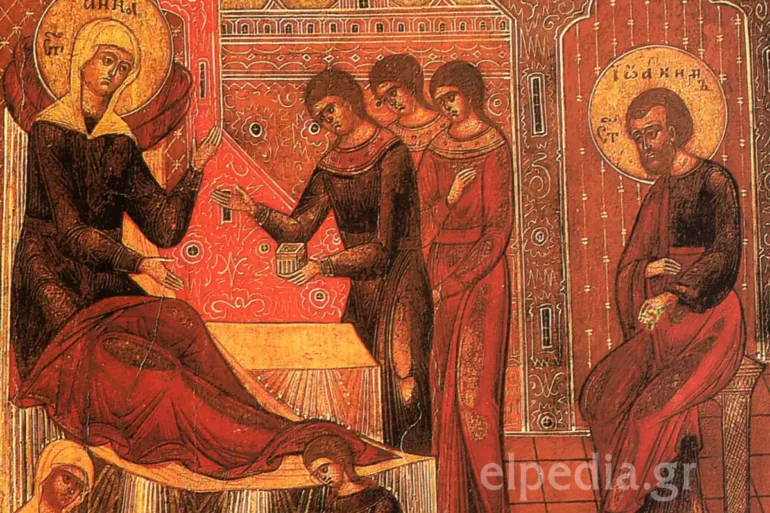 Gambar Rusia Bizantium Kelahiran Perawan Maria Dari Abad Ke-19 Dengan Warna Merah