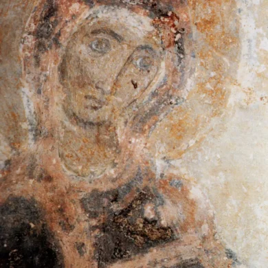 Τοιχογραφία Παναγίας Δροσιανής, Βυζαντινή Δέηση 7Ου Αιώνα Με Τη Μορφή Της Θεοτόκου