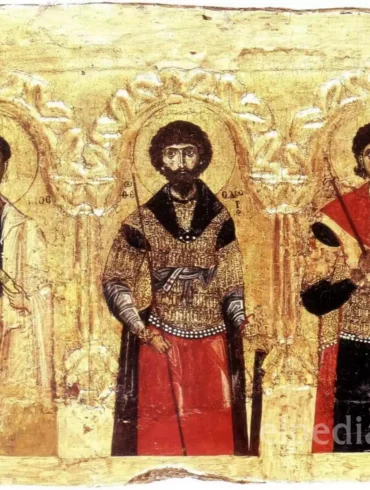 Βυζαντινό Επιστύλιο Τέμπλου Του 12Ου Αιώνα Με Τους Αγίους Φίλιππο, Θεόδωρο Και Δημήτριο Σε Χρυσό Βάθος