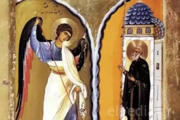 Ο Άγιος Άρχιππος Σε Στάση Δέησης Μπροστά Στον Ναό, Στη Βυζαντινή Εικόνα «Το Θαύμα Εν Χώναις».