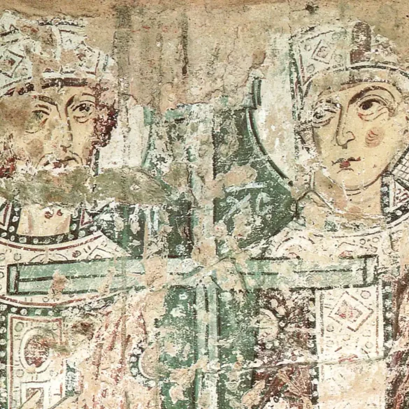 Aziz Konstantinos Ve Helena'Nın Freskleri Novgorod'Taki Ayasofya'Da 21 Λεπτομέρεια Του Προσώπου Του Αυτοκράτορα Κωνσταντίνου Με Το Στέμμα, Από Την Τοιχογραφία Του Νόβγκοροντ.