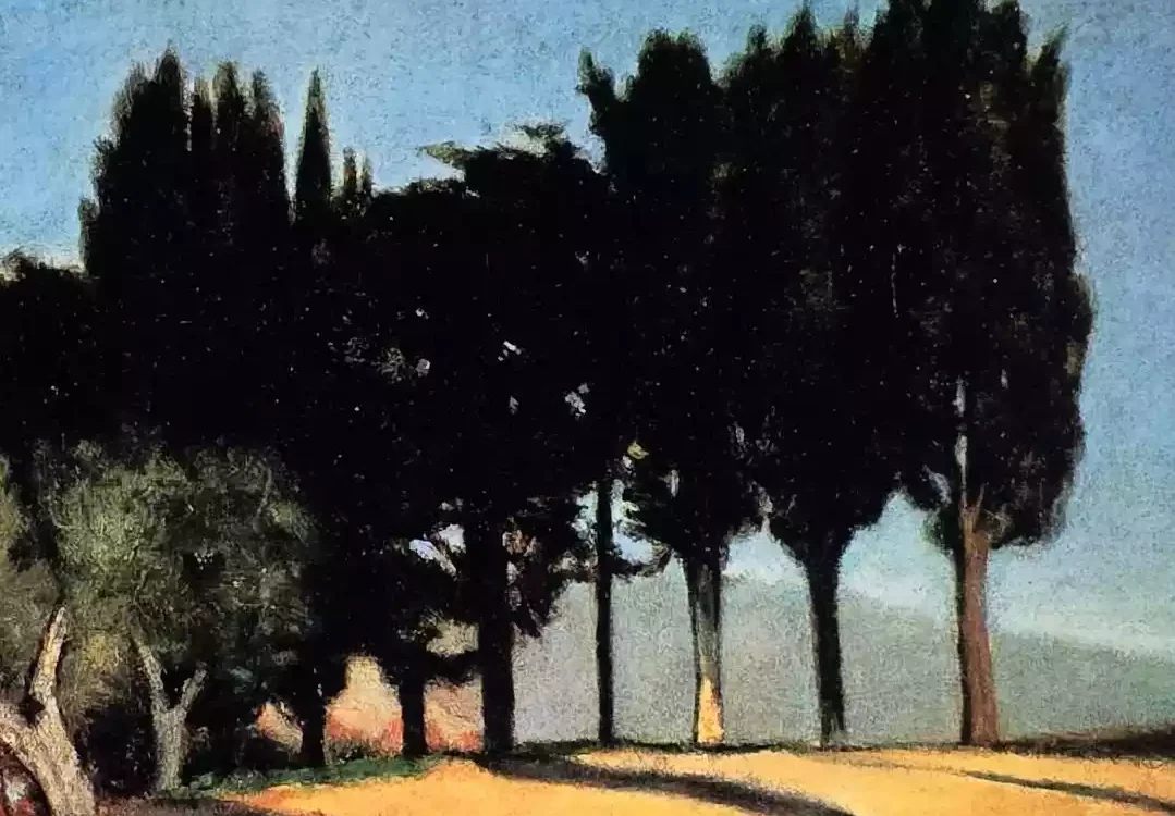 Detail From The Solid, Dark Cypress Trees In The Painting &Quot;Cypress Avenue&Quot; By Abbati.