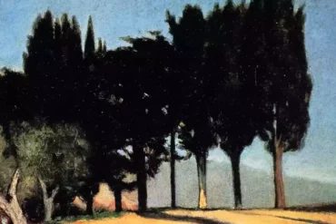 Giuseppe Abbati: Εξοχικός Δρόμος Με Κυπαρίσσια 19 Λεπτομέρεια Από Τα Συμπαγή, Σκούρα Κυπαρίσσια Στον Πίνακα &Quot;Οδός Με Κυπαρίσσια&Quot; Του Abbati.