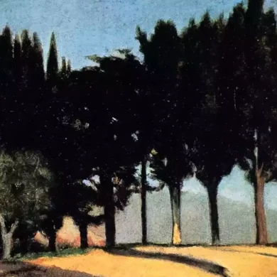 Giuseppe Abbati: Landstraße Mit Zypressen 27 Detail Der Kompakten, Dunklen Zypressen Im Gemälde &Quot;Straße Mit Zypressen&Quot; Von Abbati.