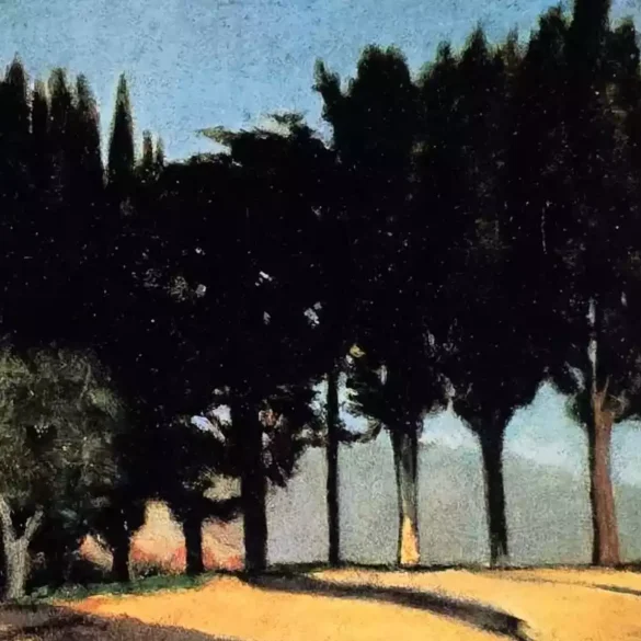 阿巴提的画作《柏树之路》中，浓密深色的柏树细节。